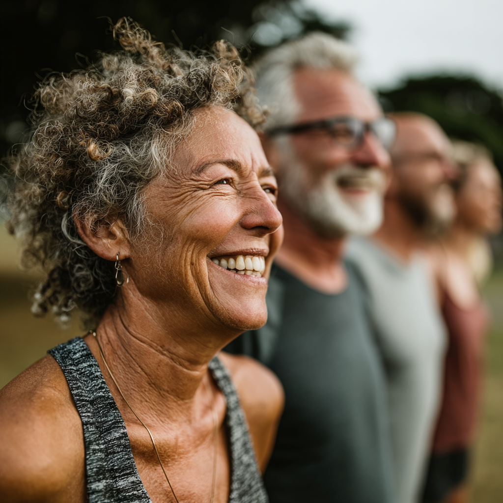 A group of diverse individuals, appearing to be in their 50s, laughing and stretching together outdoors in a park, enjoying a group fitness session.